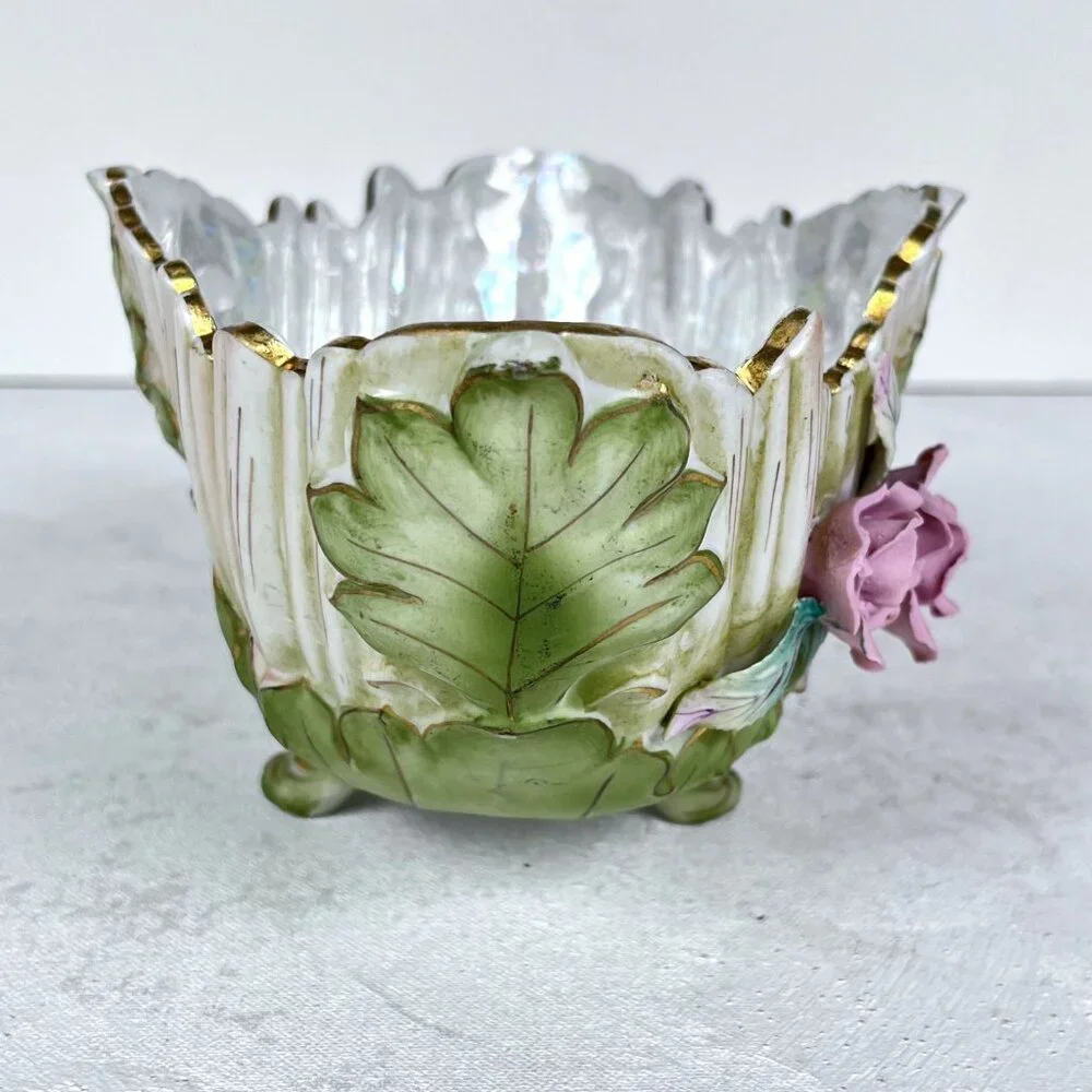 Lefton China Oval‎ Bowl Candy Dish Footed Pearlized 773M Flowers Japan Handpaint